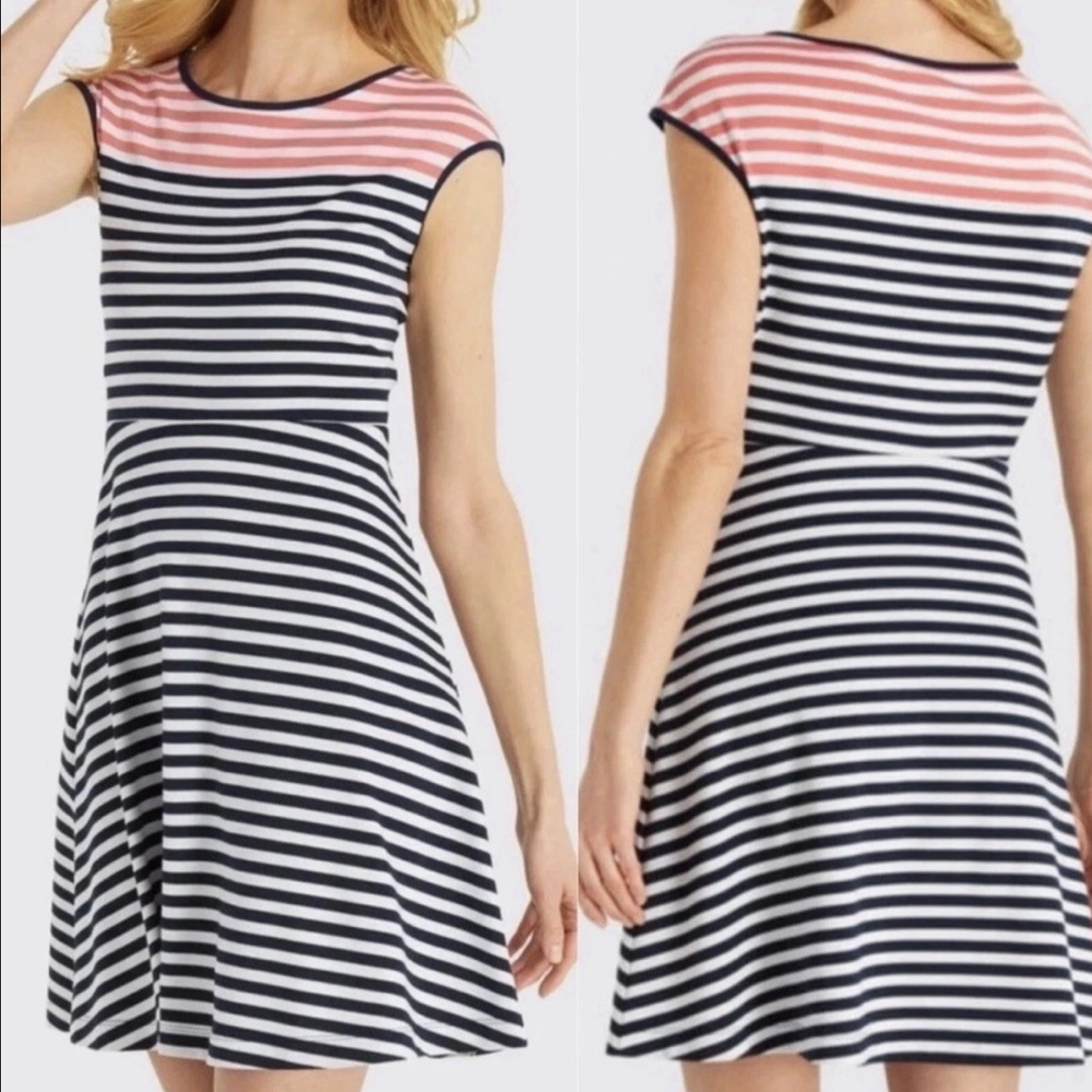 Draper James Navy & Pink Striped Cap-Sleeve Fit-and-Flare Dress